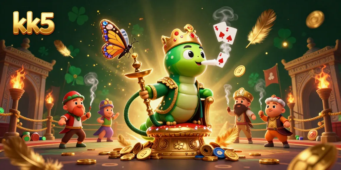 kk5's vibrant casino scene featuring a whimsical caterpillar master engaging with playful poker symbols.