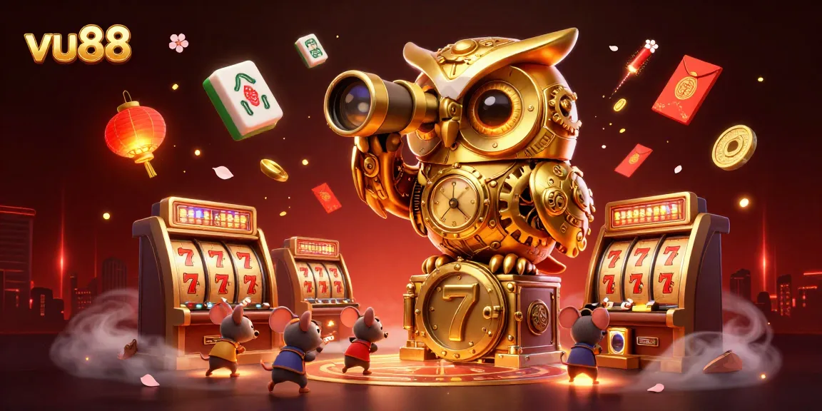vu88 celebrates casino excitement with a golden owl overseeing vibrant slot games and joyful patrons.