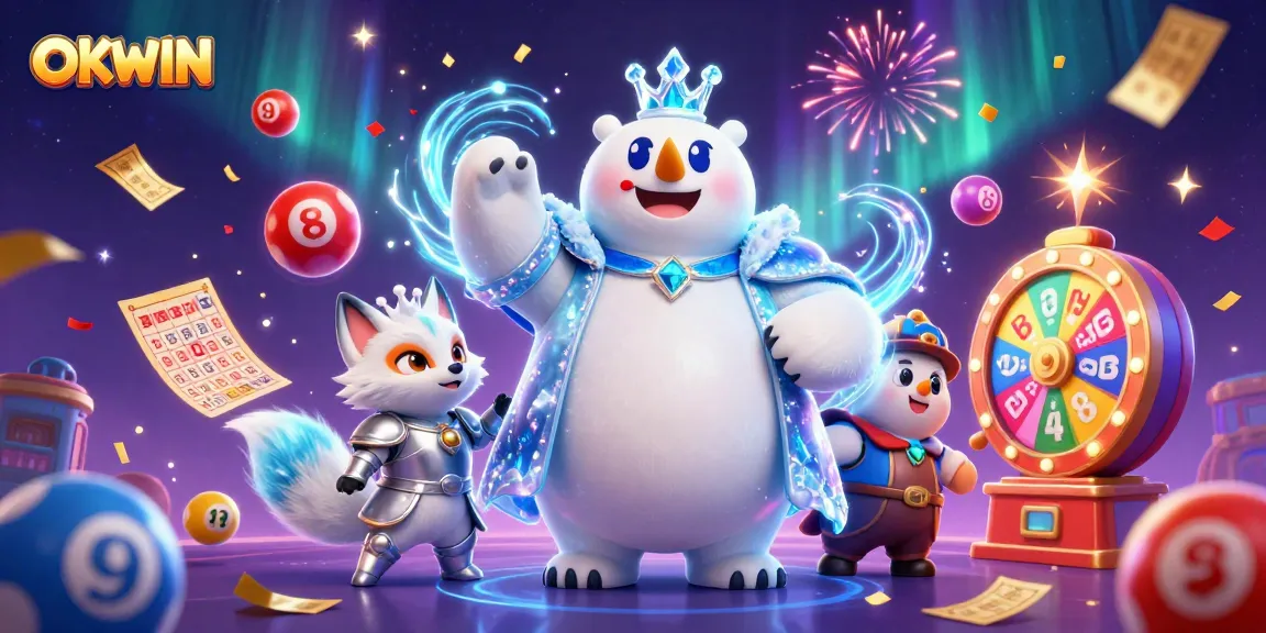 Engage in thrilling lottery games with OKWIN's vibrant scene featuring playful characters and exciting gambling elements.