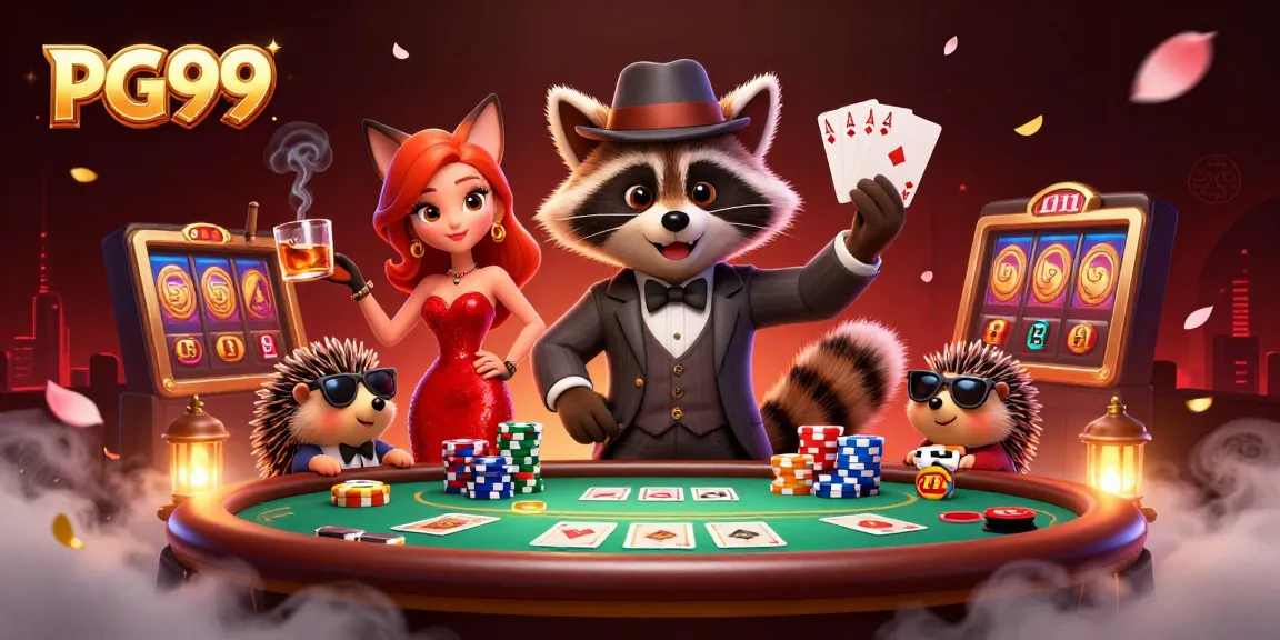 PG99 showcases a dynamic scene with a suave raccoon holding a royal flush at a lively poker table.