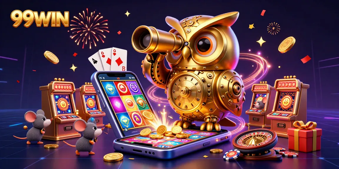 Spin the reels with 99WIN in this exciting 3D casino scene featuring racing mice and a golden owl.