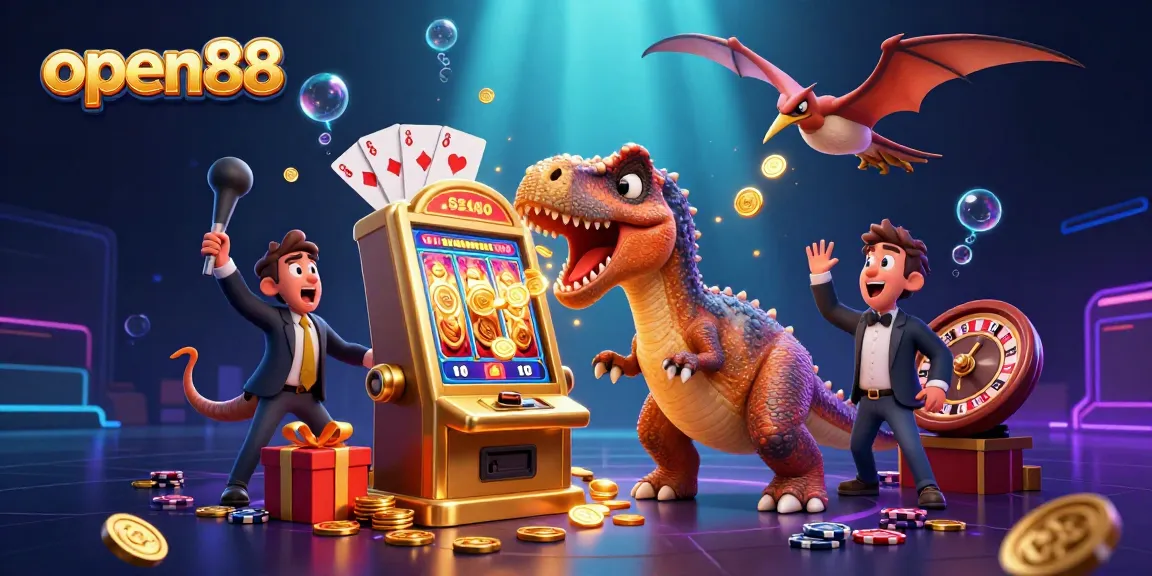Experience the thrill of open88 as the cartoon pachycephalosaurus nudges the jackpot slot machine amidst flying coins.