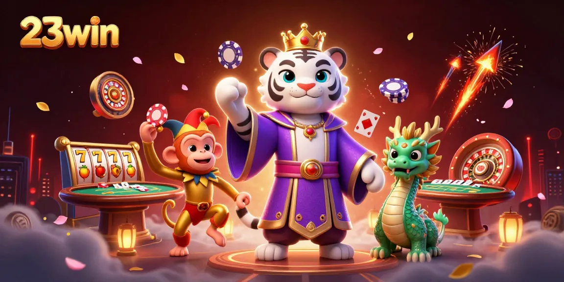 Experience the excitement of 23win with a majestic white tiger, golden monkey, and jade dragon amidst casino elements.