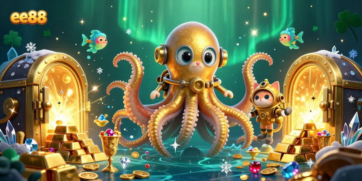 Engage with thrilling games at ee88 with treasure-filled scenes featuring a kraken and diving cat.