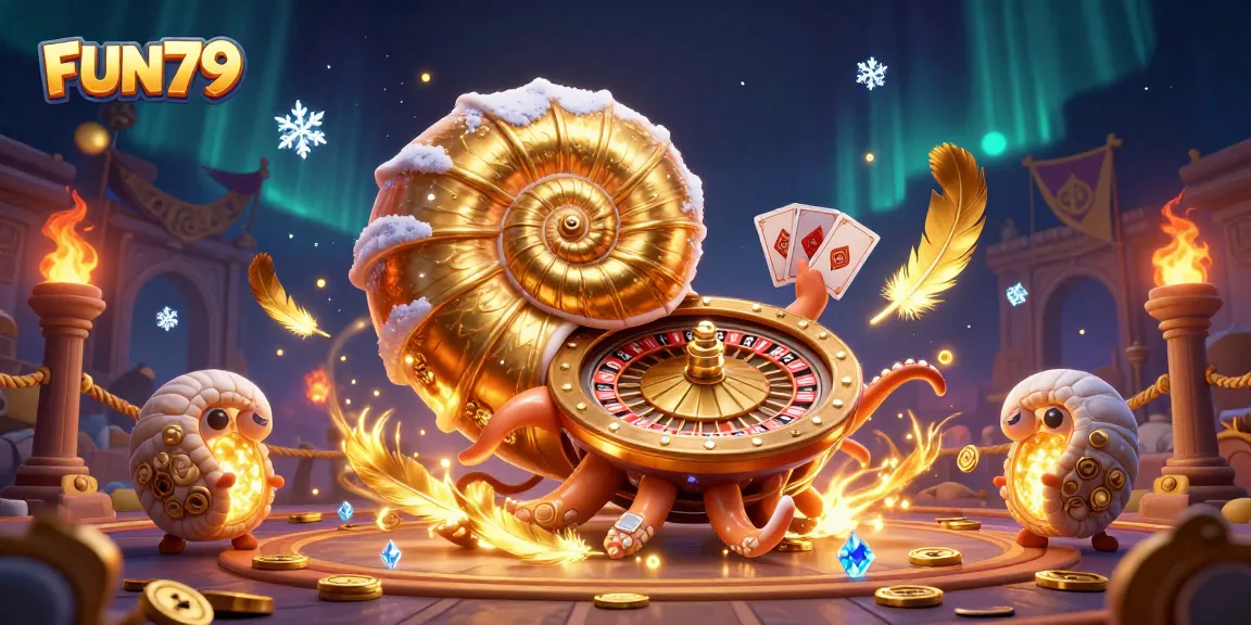 Experience thrilling gameplay at FUN79, featuring a giant nautilus roulette and glowing card hands.