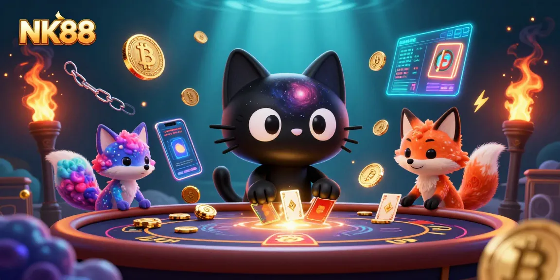 Experience the thrill of NK88 with a cosmic cat at the casino table pulling in golden chips!