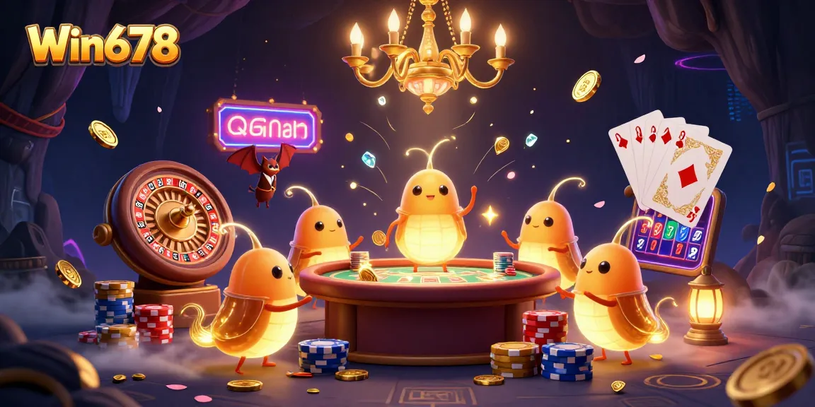 Win678 casino scene with glowworms, a bat dealer, and festive game elements.