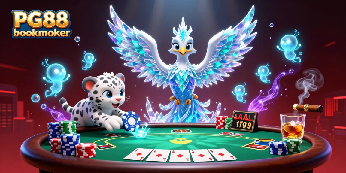 Experience the thrill of gambling with PG88 bookmaker as an ice phoenix and snow leopard play amid vibrant chips and cards.