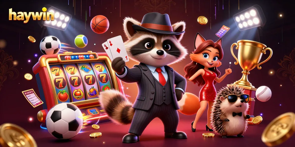 Experience the thrilling action at haywin with a raccoon holding a royal flush and dynamic casino scenes.