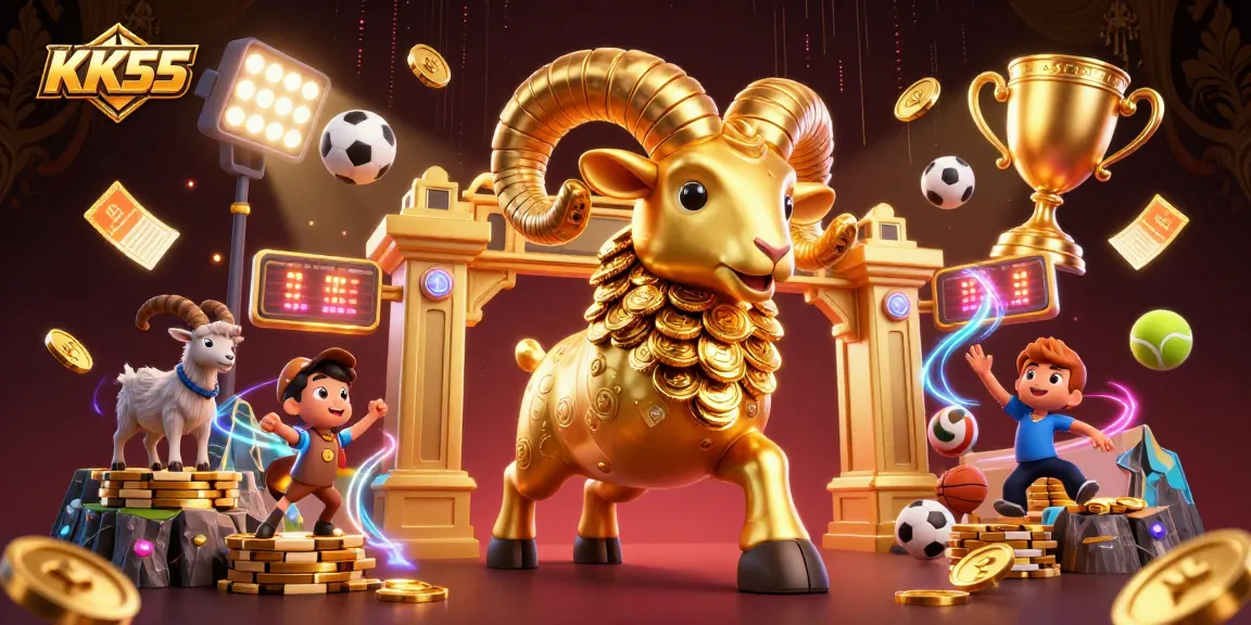 Experience the thrilling game action at KK55 with a massive golden ram charging through a vibrant casino atmosphere.