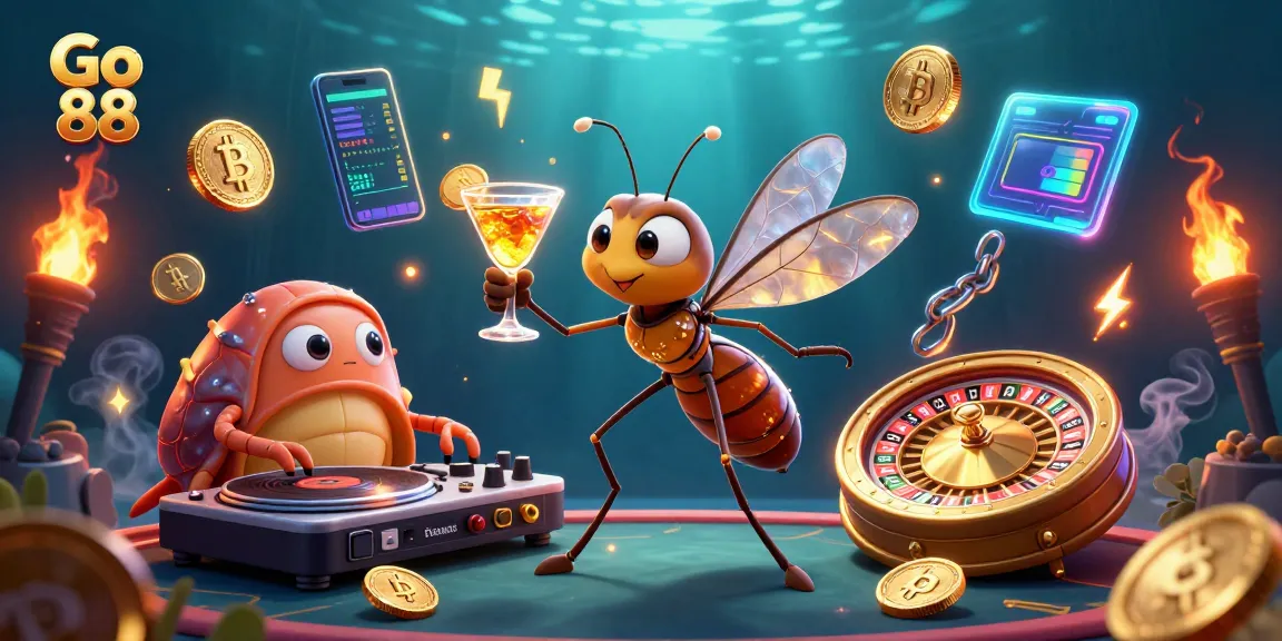 Experience the Go 88 excitement with our vibrant casino scene featuring a frozen-in-amber mosquito mascot.