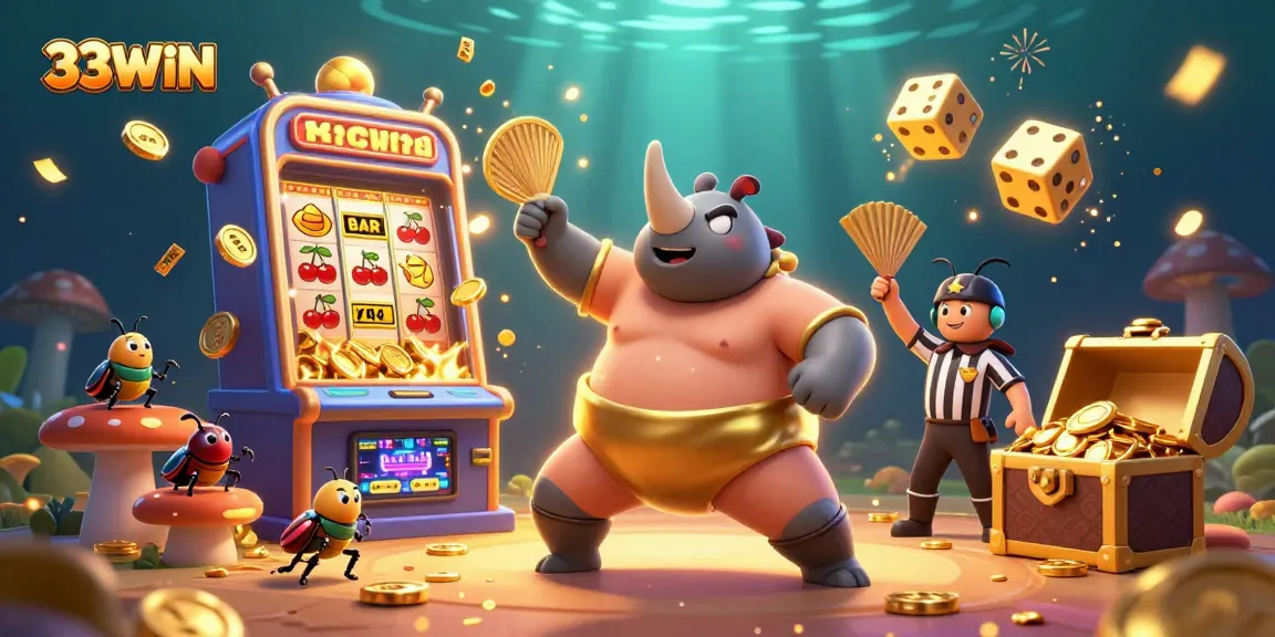 33WIN players enjoy a thrilling slot machine showdown with 3D characters, coins flying, and grand prizes.