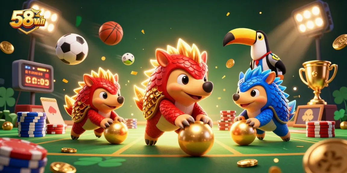 Experience thrilling gaming action at 58win with rival pangolins bowling through poker chips in this vibrant illustration.