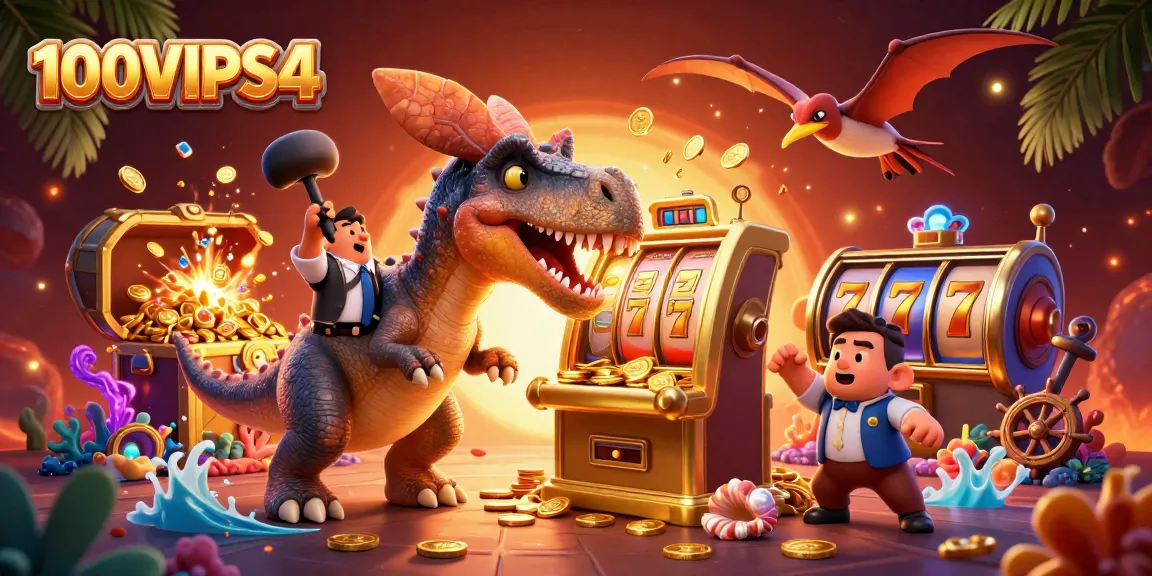 100VIPS4 rewards players as pachycephalosaurus wins jackpot coins from a slot machine.