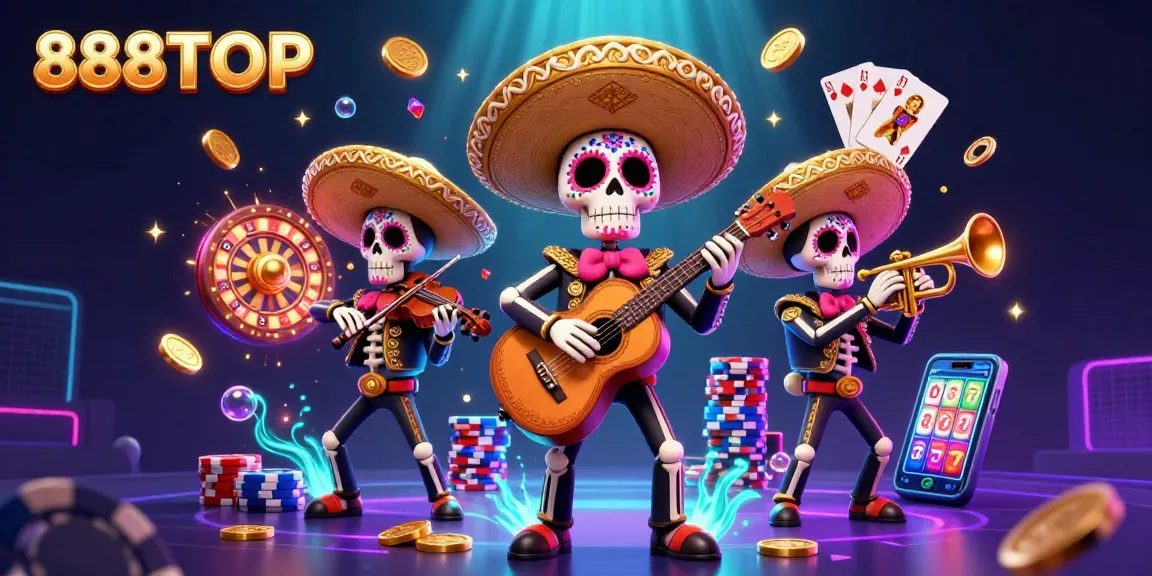 Experience thrilling play at 888TOP with a vibrant Day of the Dead mariachi band in a dynamic casino scene.