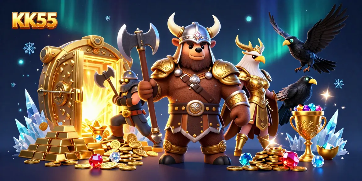 Win big at KK55 with a vibrant 3D casino scene featuring bears, eagles, and treasures!