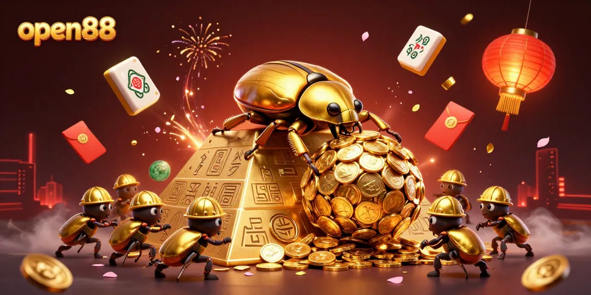 open88 showcases a golden beetle and casino elements engaging players at a vibrant 3D illustration