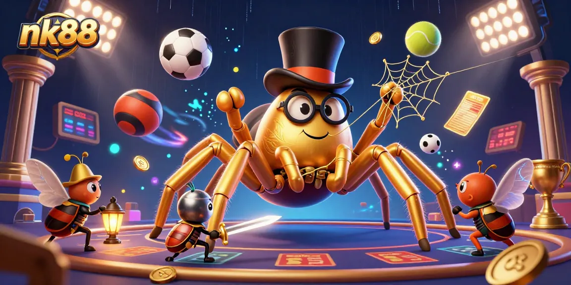 Engage with the thrilling world of nk88 as the giant tarantula weaves a golden web in a vibrant casino scene.