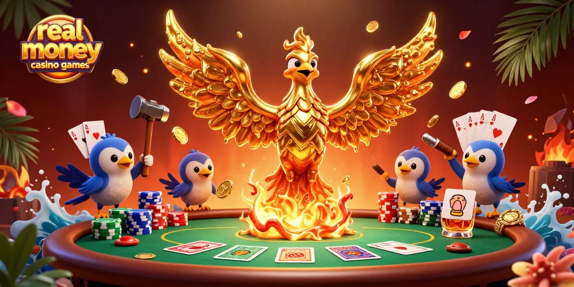 Engage with real money casino games featuring a molten gold phoenix and poker elements in a vibrant casino scene.