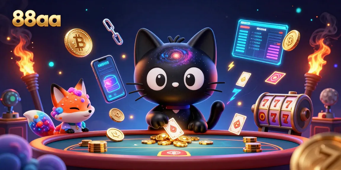 Spin the reels with 88aa's magical casino atmosphere, featuring a cosmic cat and neon crypto elements.