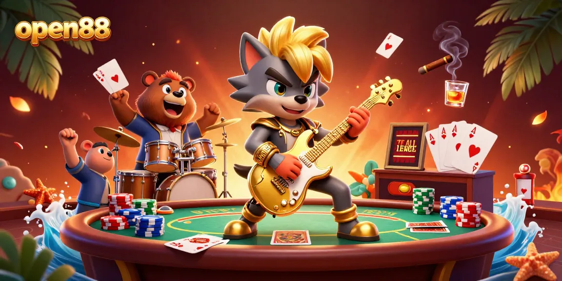 open88 showcases a vivid 3D digital illustration of a rock star wolf shredding guitar on a vibrant casino stage.