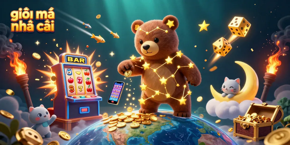 Experience the magic of giải mã nhà cái with vibrant casino elements swirling around stars in a dynamic space.
