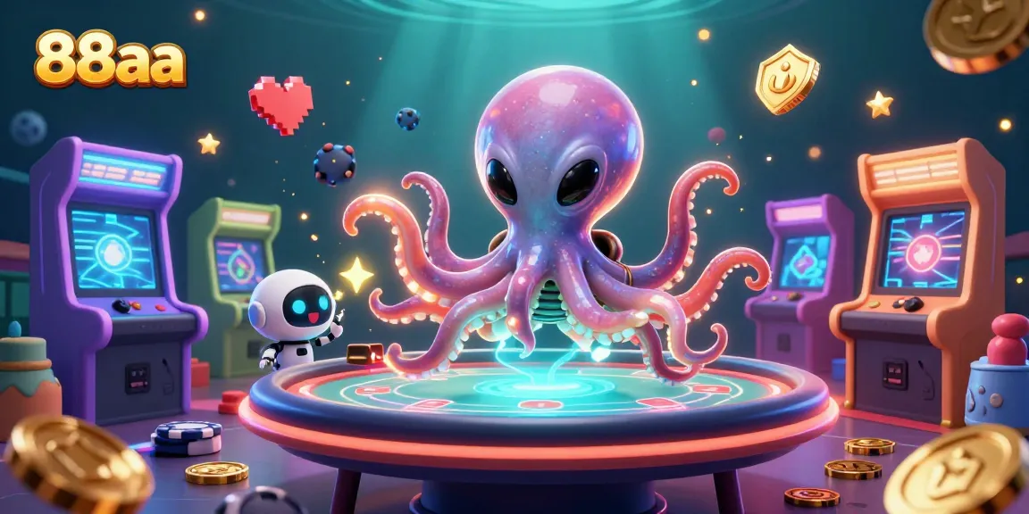 Experience thrilling gameplay with 88aa’s alien octopus dealer at a vibrant holographic poker table.