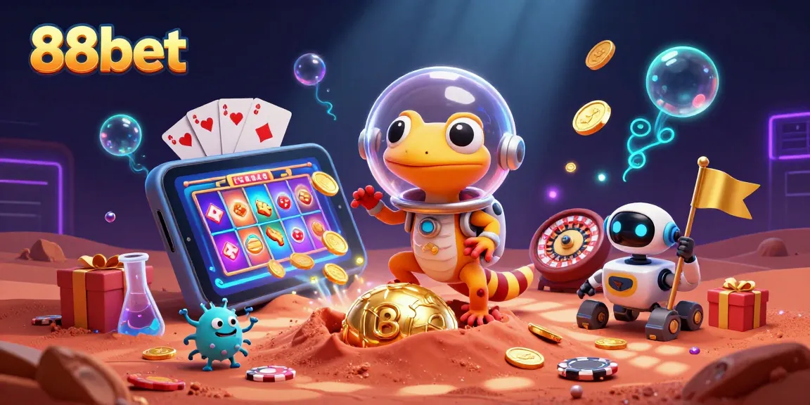 Engage with the thrilling 88bet casino adventure featuring a Martian gecko and casino treasures.