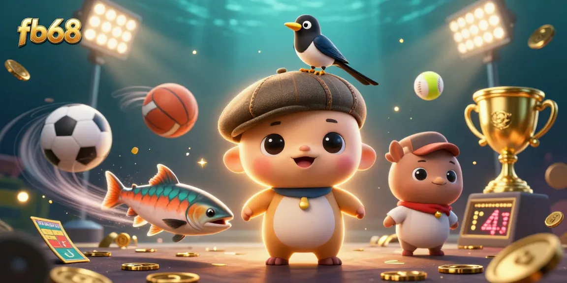 Engage with fb68's vibrant casino scene featuring a playful baby Nessie and dynamic sports elements.