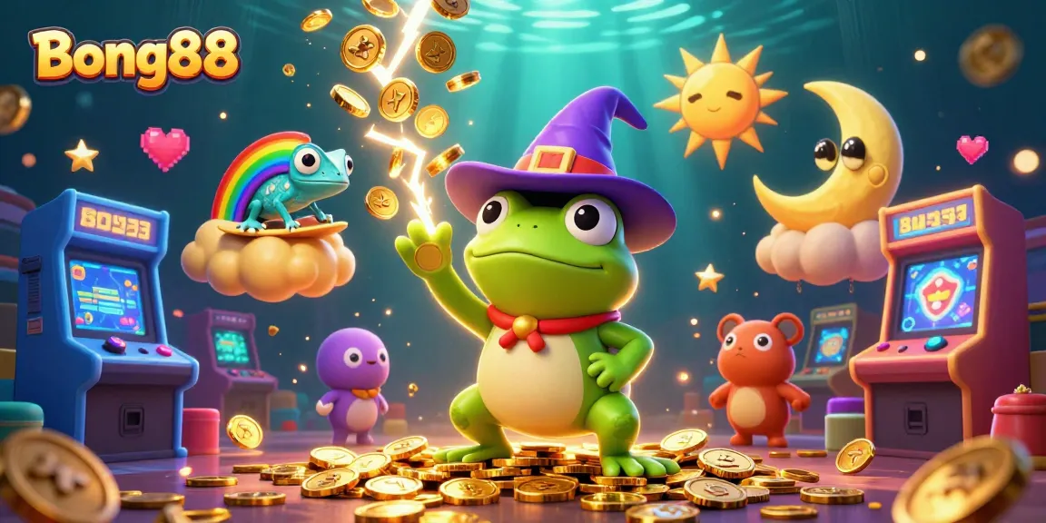 Bong88 showcases a magical scene with a frog wizard summoning golden coins in an enchanting casino.