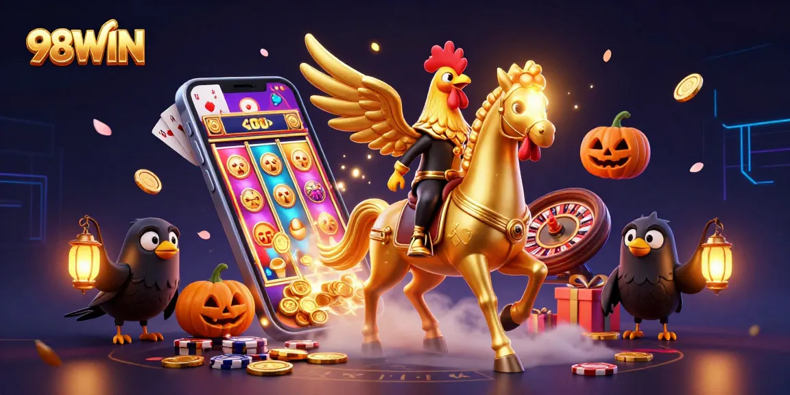 Experience vibrant casino gaming with 98WIN in this engaging 3D illustration featuring dynamic characters and rich visuals.