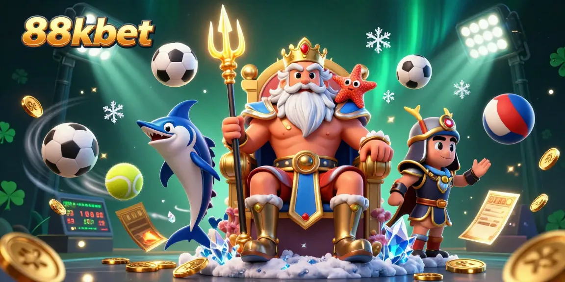 Bet and win at 88kbet while enjoying a vibrant casino-themed illustration featuring Neptune and sports elements.