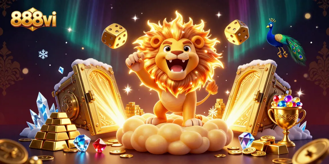 Experience the excitement of gambling with 888vi in this vibrant illustration filled with gold and adventure.