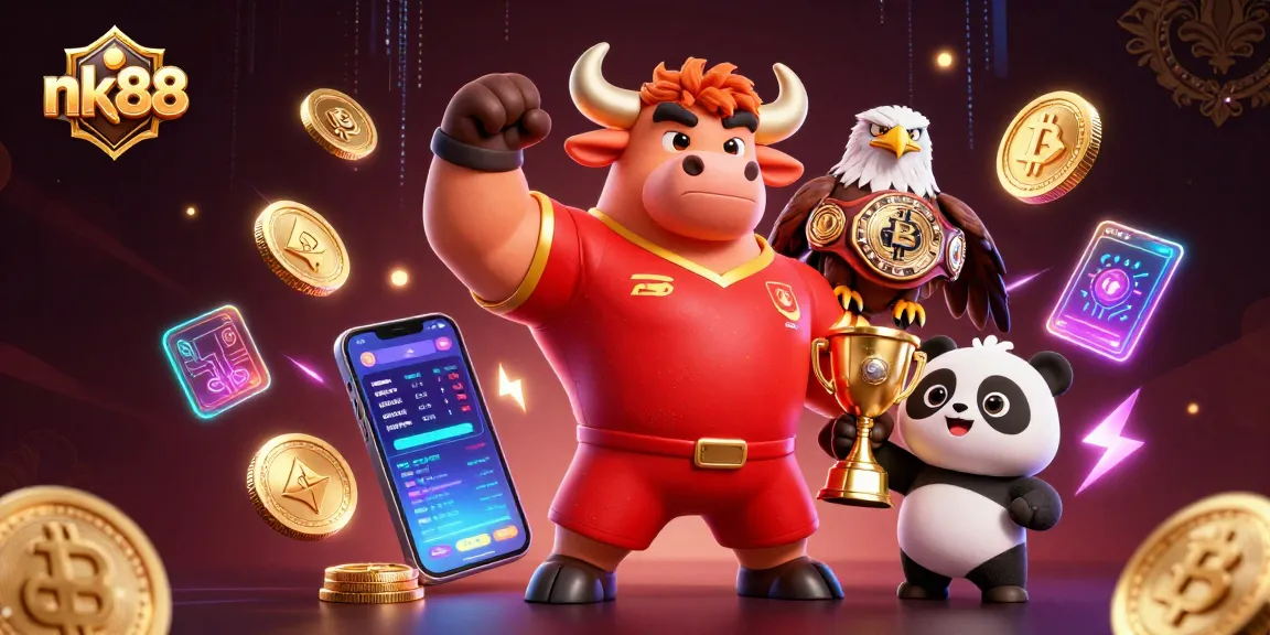 Engage with nk88 for thrilling casino adventures featuring a muscular bull, fierce eagle, and cheering panda!