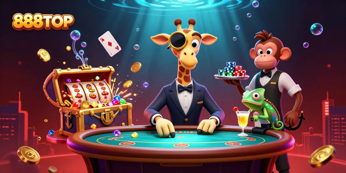 Experience winning with 888TOP's vibrant casino scene featuring a giraffe, monkey, and chameleon.
